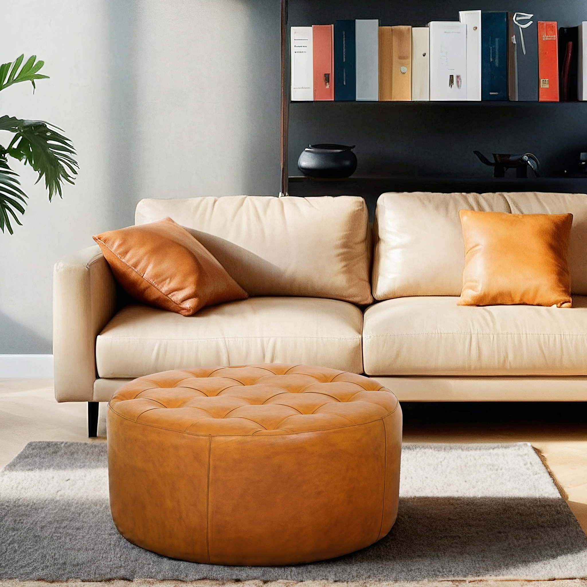 Light Tan Genuine Leather Storage Bench - Nora Lane Home furniture - Solid wood - 38.2 x 38.2 x 16.5 in