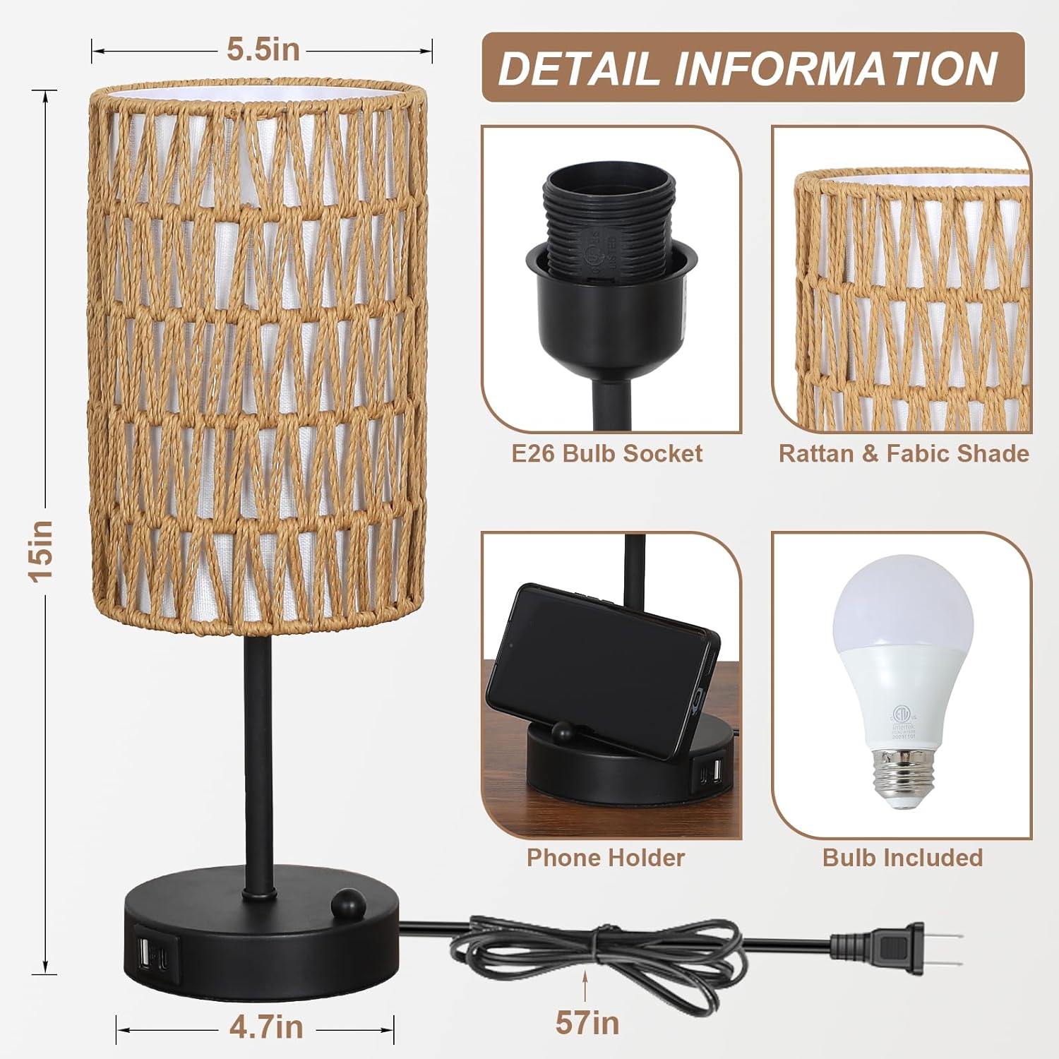 Rattan Storage Nightstand - Nora Lane Home furniture - Rattan detail, Metal accent - 5.91 x 5.91 x 9.45 in