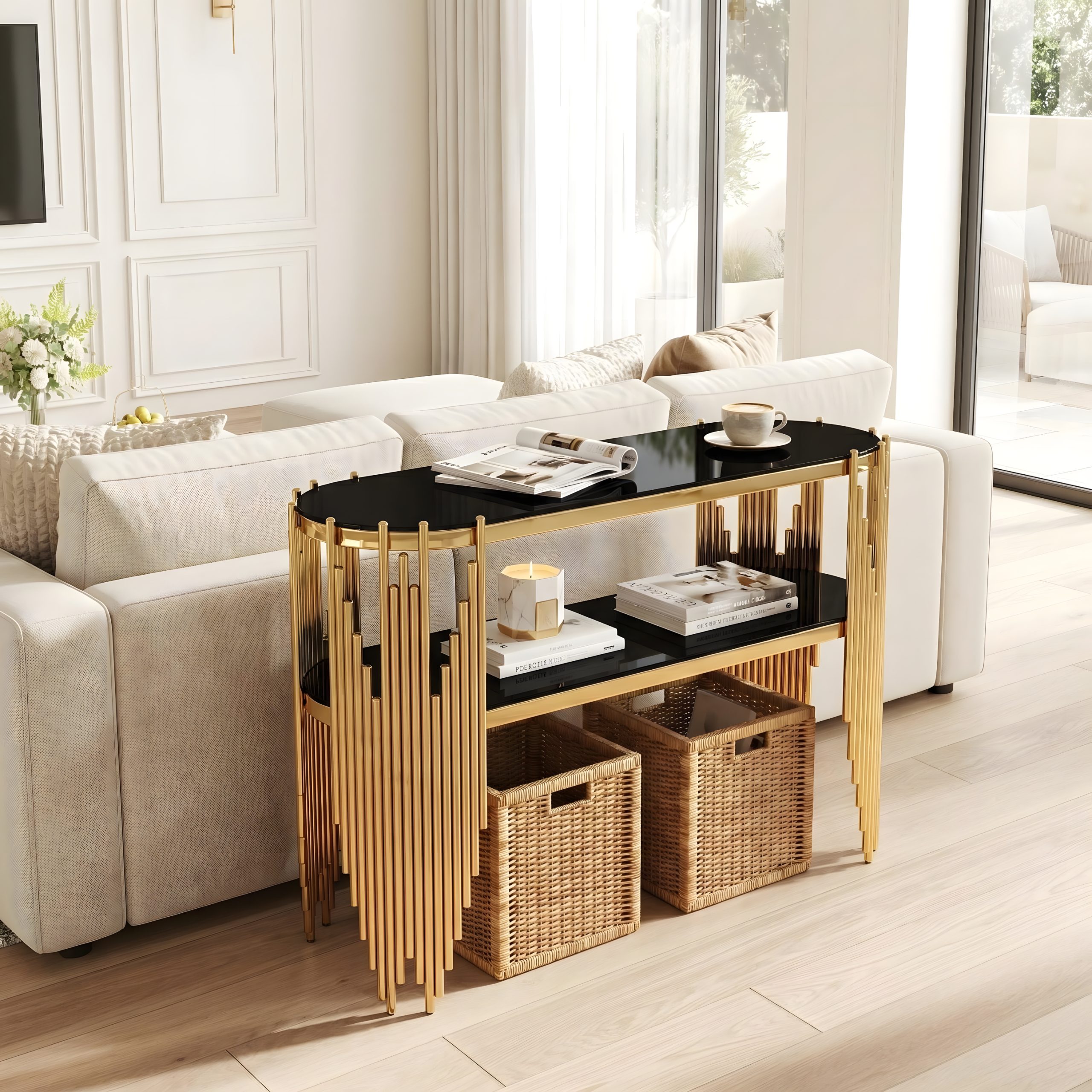 Black Round Console Table - Nora Lane Home furniture - Metal accent, Glass detail