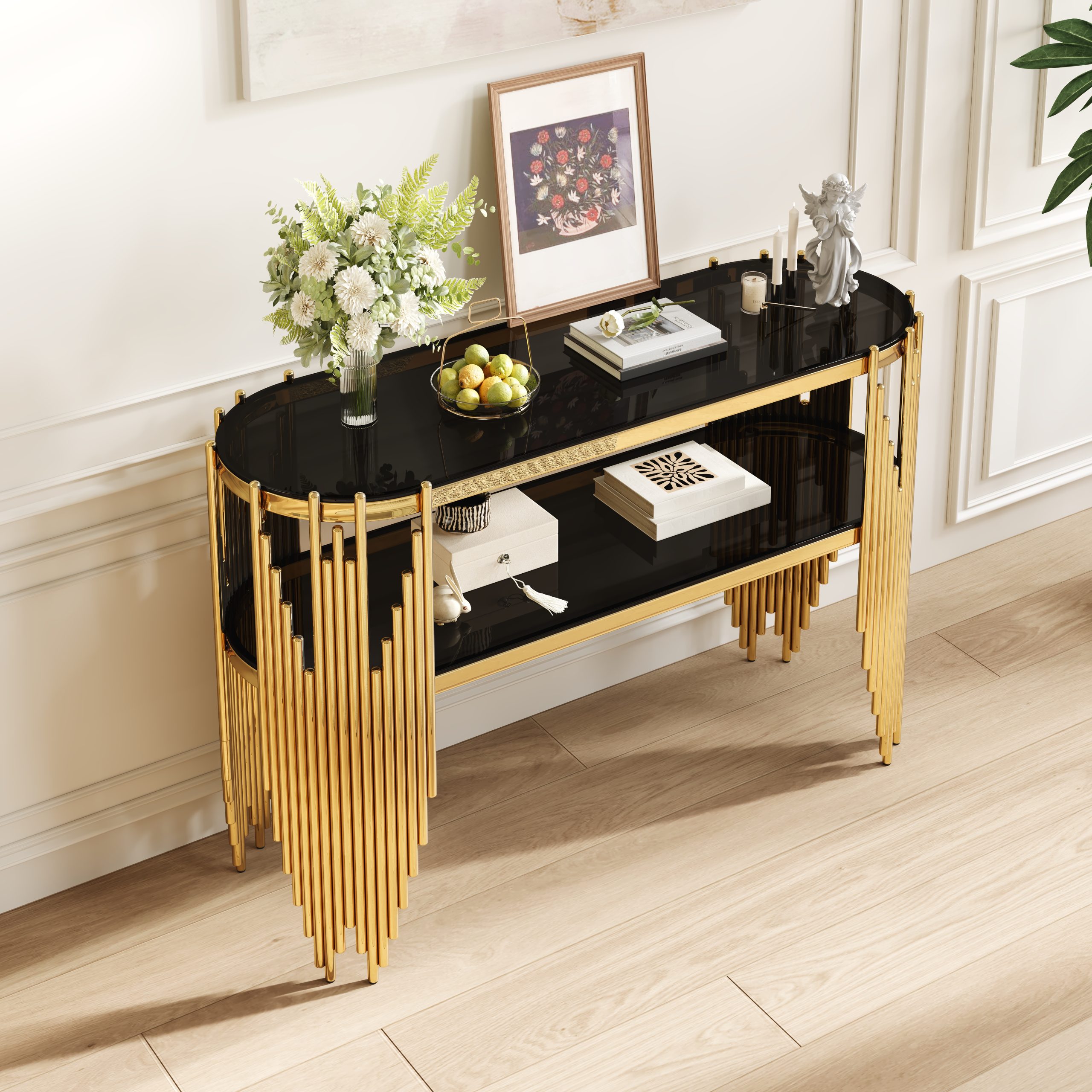 Black Round Console Table - Nora Lane Home furniture - Metal accent, Glass detail
