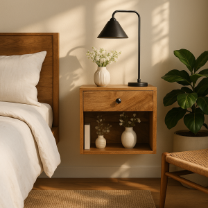 Natural Wood Storage Floating Nightstand - Nora Lane Home furniture - Solid wood, Metal accent - 15.75 x 13.78 x 15.75 in