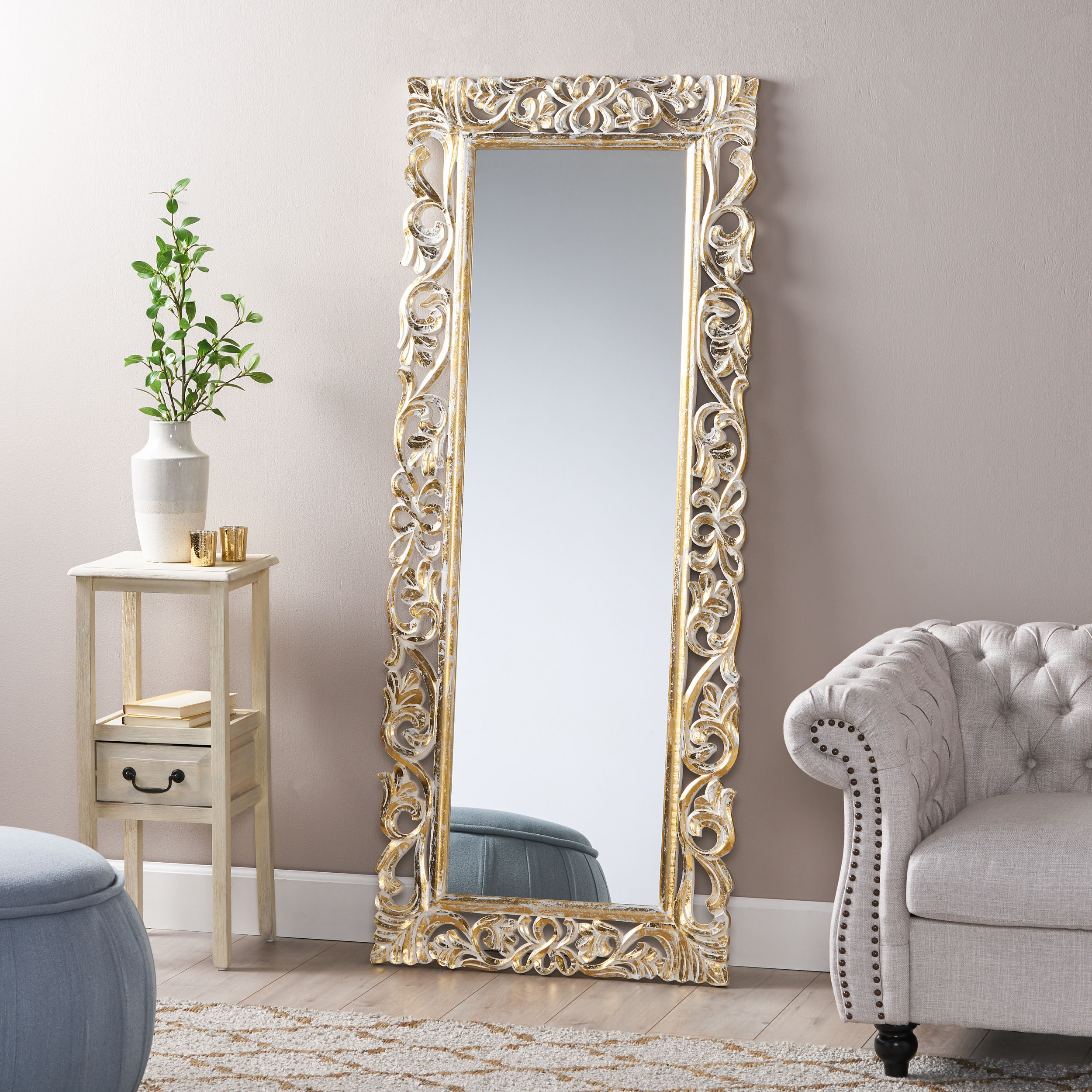 White Wall Mirror - Nora Lane Home furniture - Glass detail - 72 x 32.5 x 4.5 in