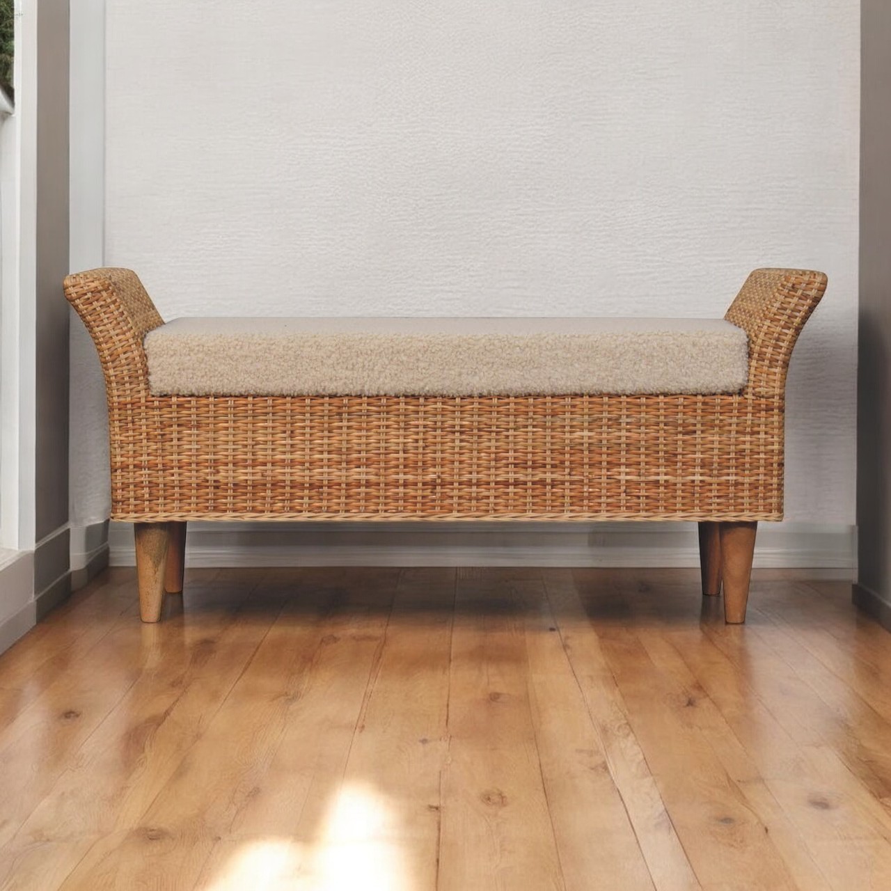 Brown Storage Bench - Nora Lane Home furniture - Solid wood, Rattan detail - 17.72 x 44.09 x 17.72 in