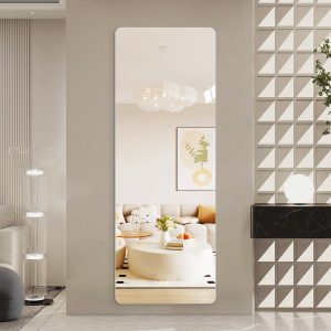 Natural Wood Round Wall Mirror - Nora Lane Home furniture - Glass detail - 61.8 x 17.7 x 2.4 in