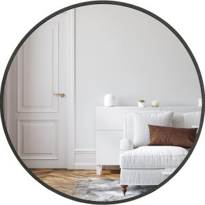 Black Round Wall Mirror - Nora Lane Home furniture - Metal accent, Glass detail - 34 x 34 x 1.61 in
