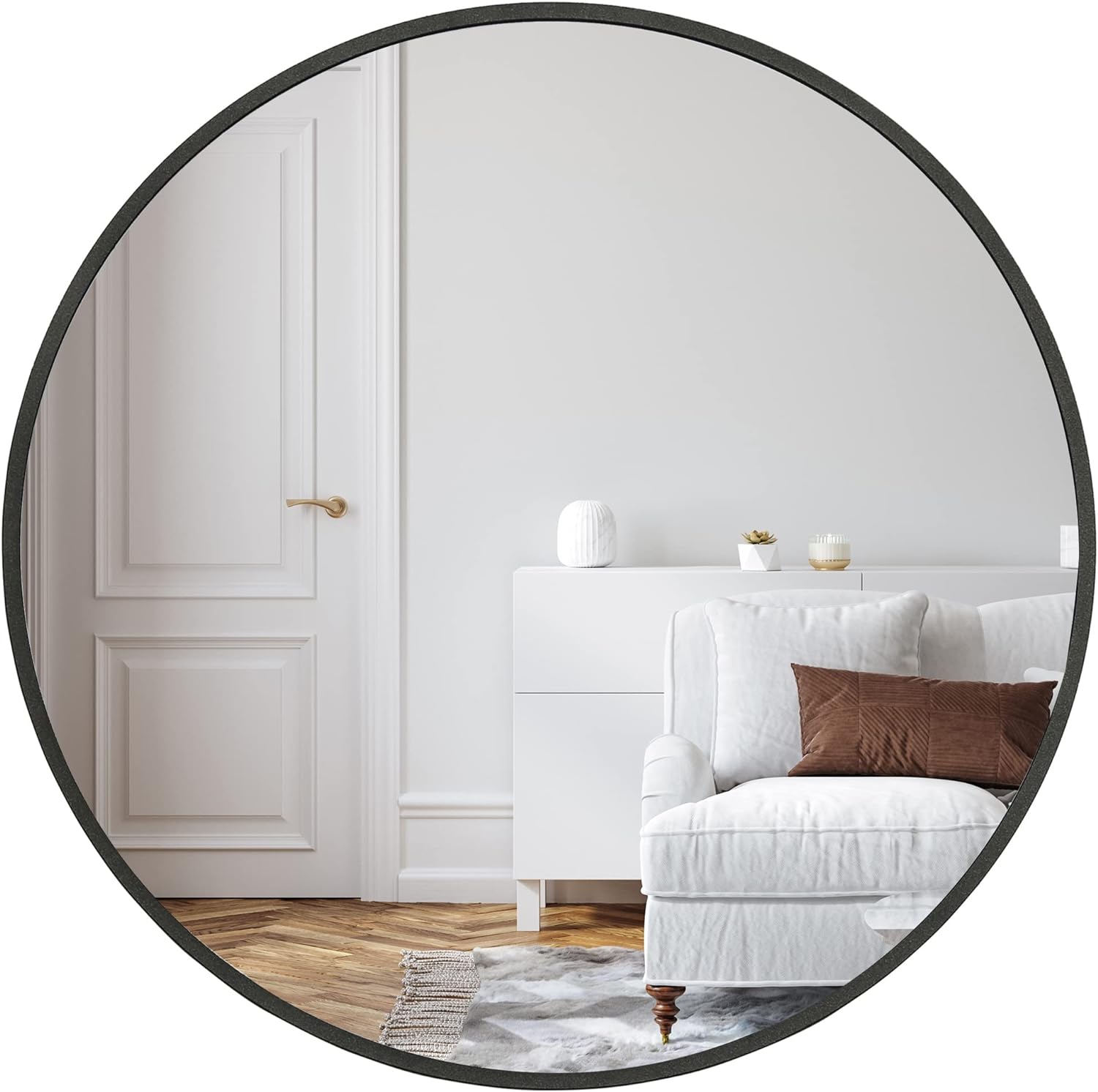 Black Round Wall Mirror - Nora Lane Home furniture - Metal accent, Glass detail - 34 x 34 x 1.61 in