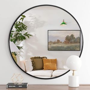Black Round Wall Mirror - Nora Lane Home furniture - Metal accent, Glass detail - 34 x 34 x 1.61 in