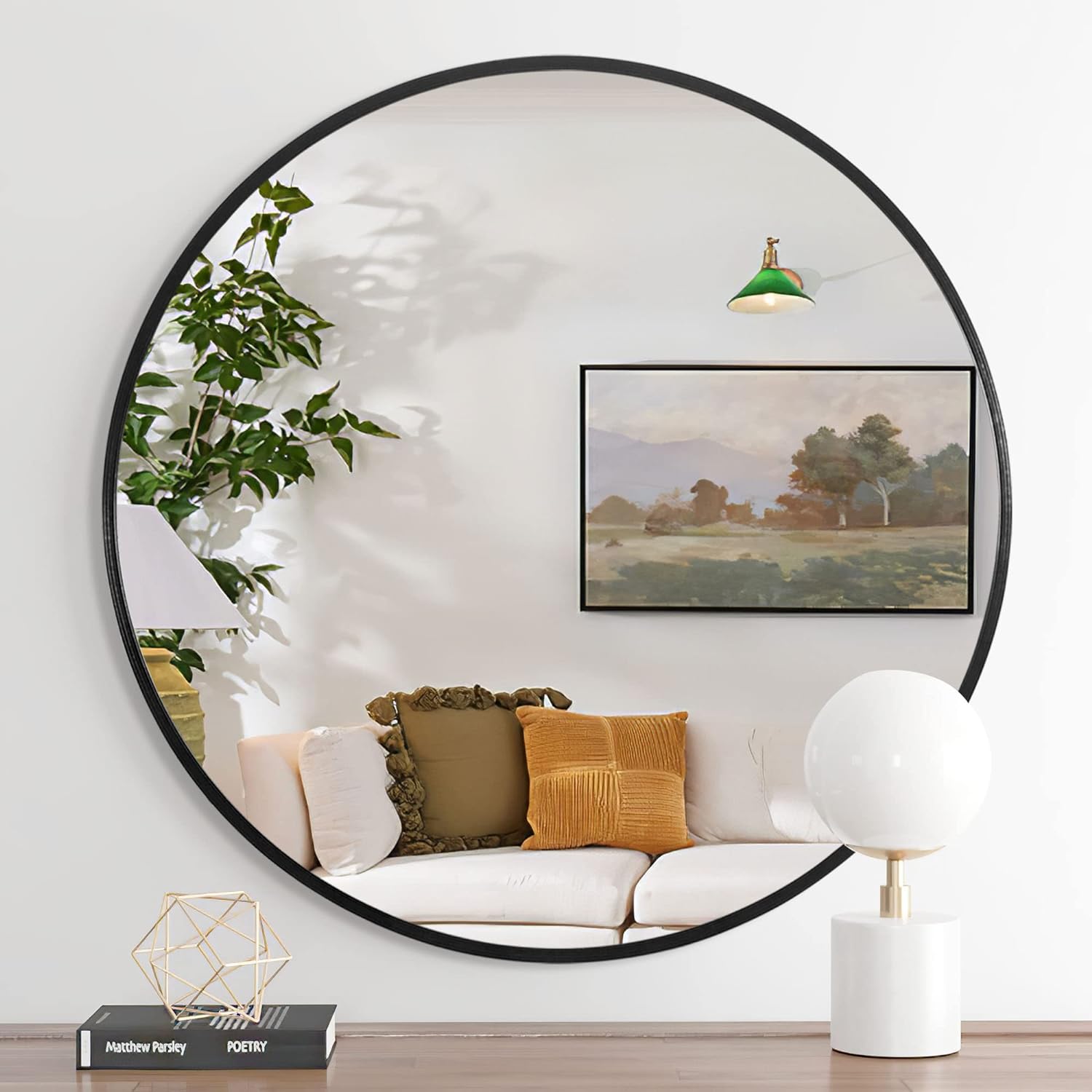 Black Round Wall Mirror - Nora Lane Home furniture - Metal accent, Glass detail - 34 x 34 x 1.61 in
