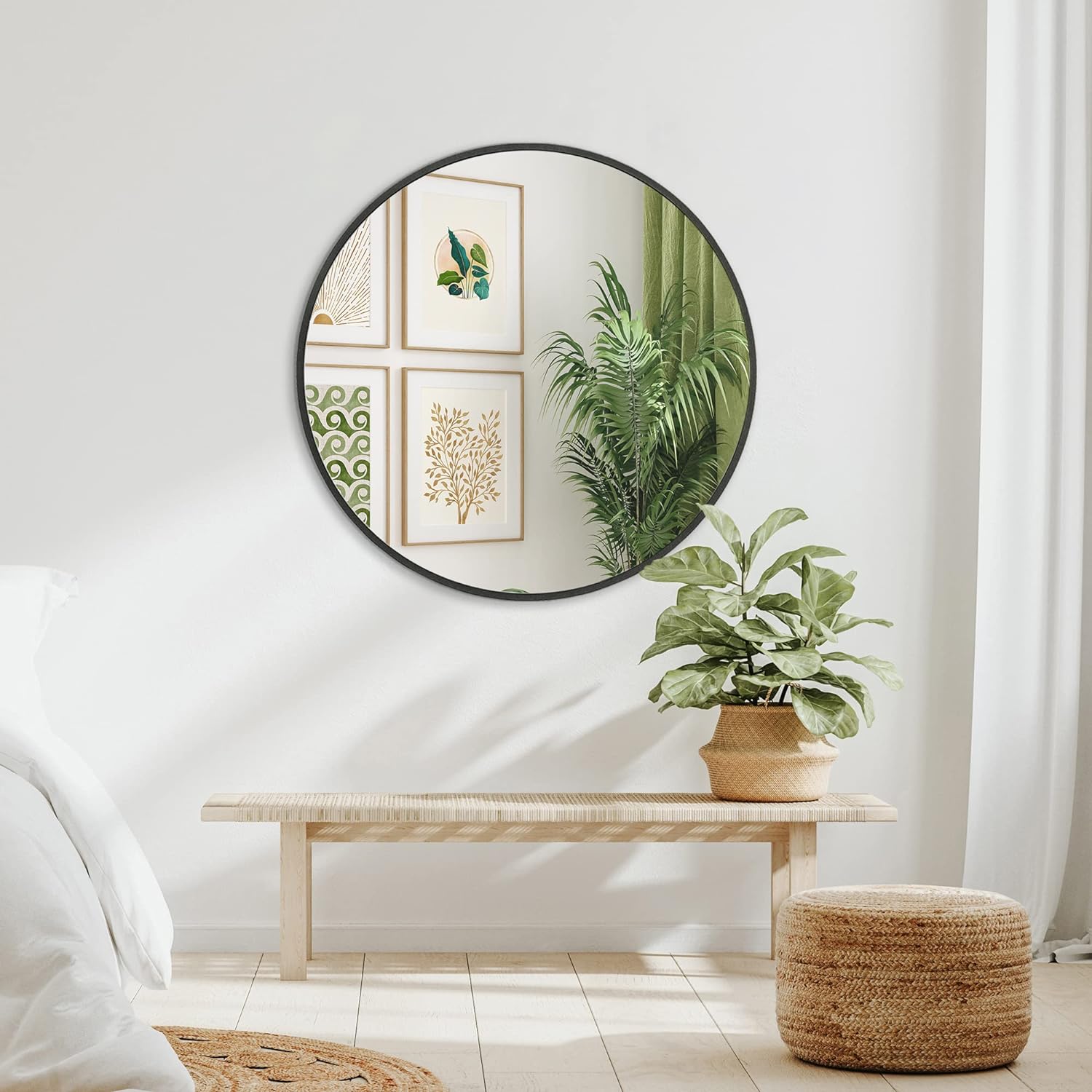 Black Round Wall Mirror - Nora Lane Home furniture - Metal accent, Glass detail - 34 x 34 x 1.61 in