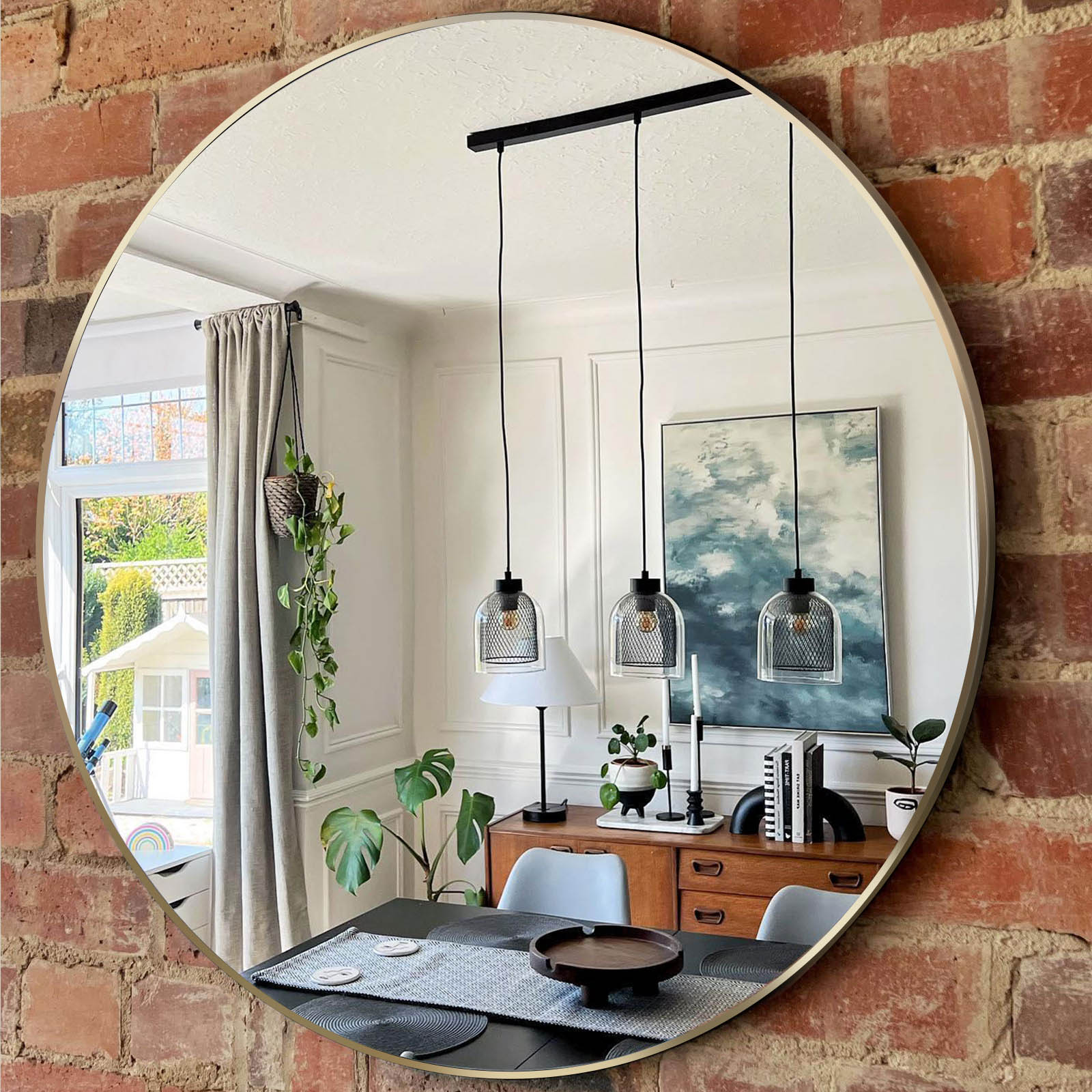 Gold Round Wall Mirror - Nora Lane Home furniture - Metal accent, Glass detail - 32 x 32 x 1.6 in
