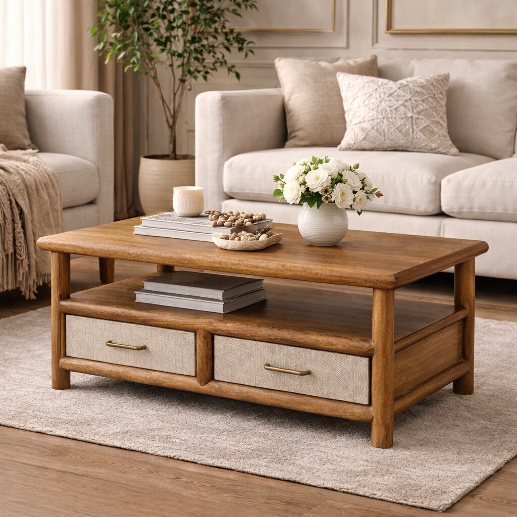 Rattan Solid Wood Coffee Table - Nora Lane Home furniture - Solid wood, Rattan detail - 39 x 26 x 22 in