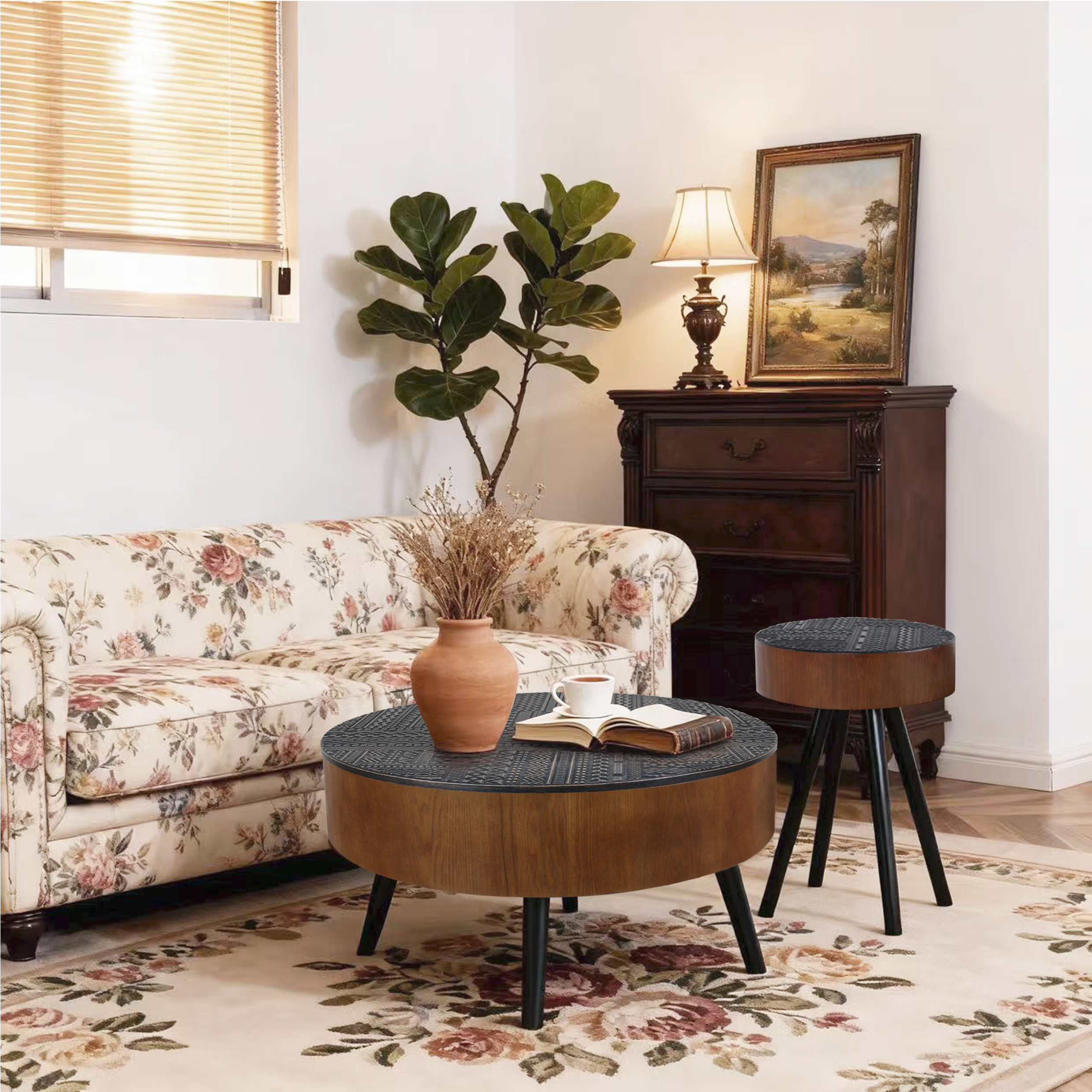 Black Round Storage Coffee Table - Nora Lane Home furniture - Solid wood - 34.45 x 9.65 x 34.65 in