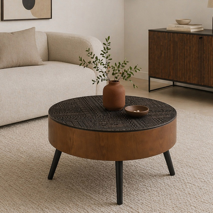 Black Round Storage Coffee Table - Nora Lane Home furniture - Solid wood - 34.45 x 9.65 x 34.65 in