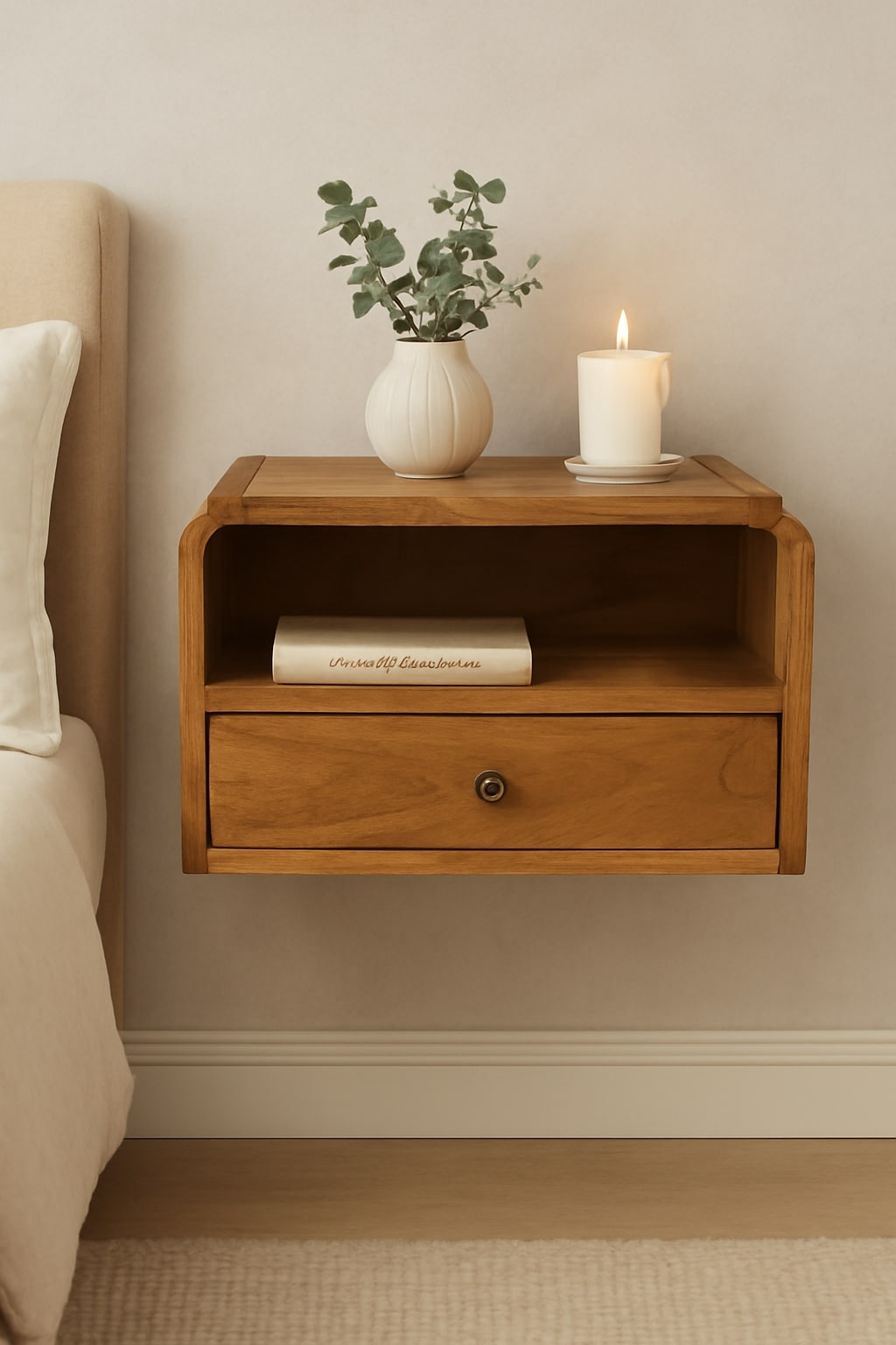 Beige Solid Wood Floating Nightstand - Nora Lane Home furniture - Solid wood - 21.65 x 16.54 x 13.39 in