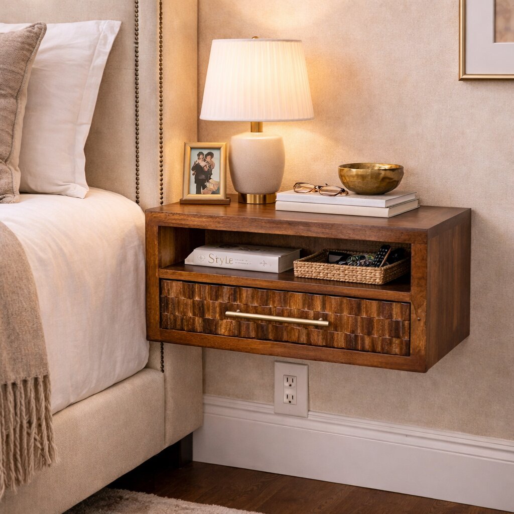 Brown Storage Nightstand - Nora Lane Home furniture - Solid wood - 21.65 x 13.78 x 16.54 in