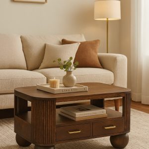 Brown Storage Coffee Table - Nora Lane Home furniture - Solid wood, Walnut finish - 25.6 x 37.4 x 20.9 in