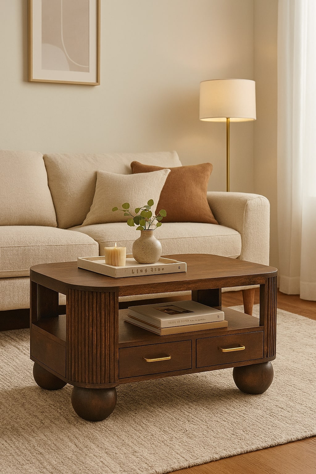 Brown Storage Coffee Table - Nora Lane Home furniture - Solid wood, Walnut finish - 25.6 x 37.4 x 20.9 in