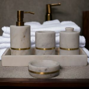 White Bathroom Accessories - Nora Lane Home furniture - Metal accent, Marble detail - 13.78 x 17.72 x 11.81 in