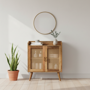 Brown Storage Cabinet - Nora Lane Home furniture - Solid wood, Rattan detail - 33.46 x 17.72 x 31.5 in