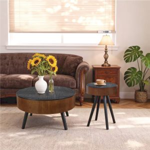 Black Round Storage Coffee Table - Nora Lane Home furniture - Solid wood - 34.45 x 9.65 x 34.65 in