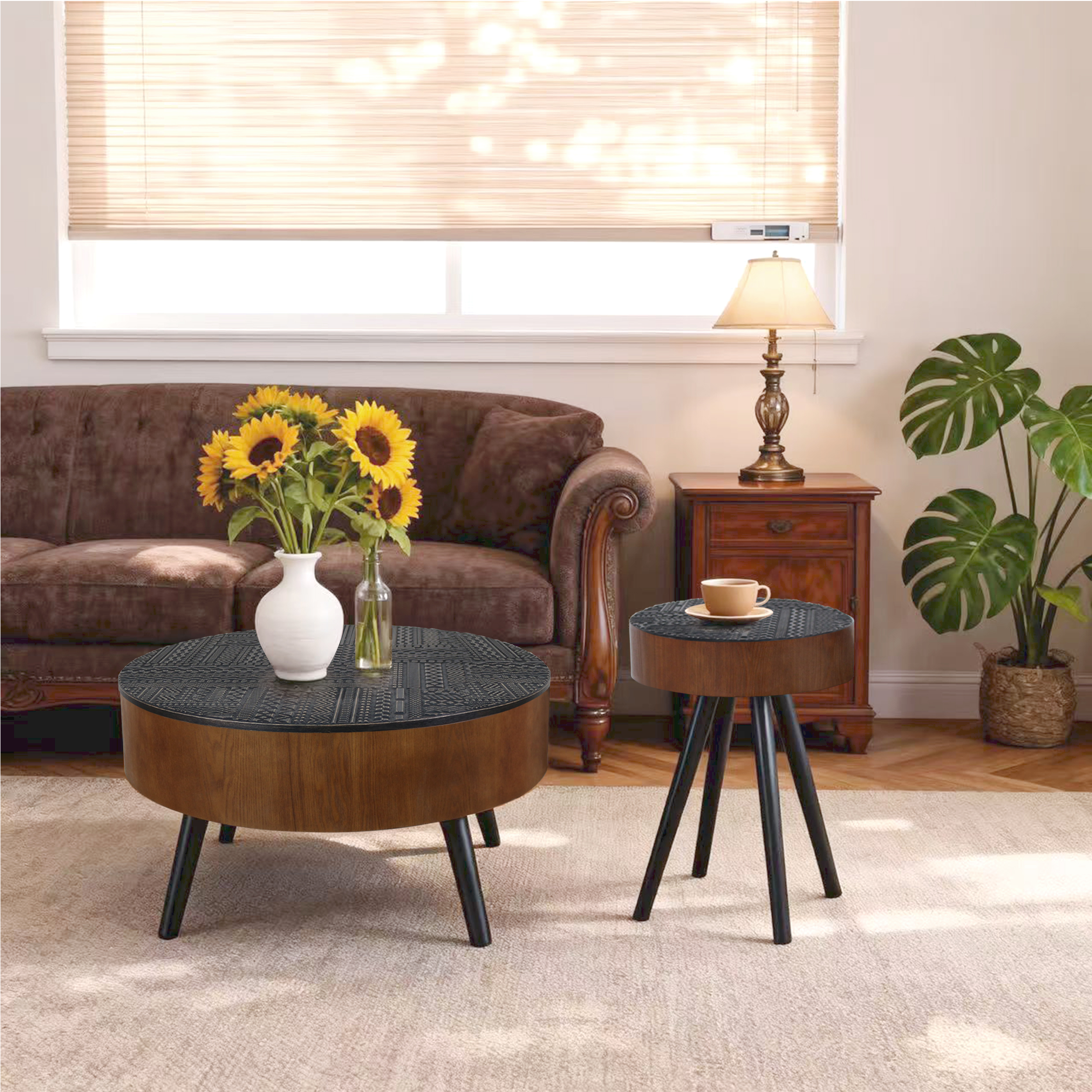 Black Round Storage Coffee Table - Nora Lane Home furniture - Solid wood - 34.45 x 9.65 x 34.65 in