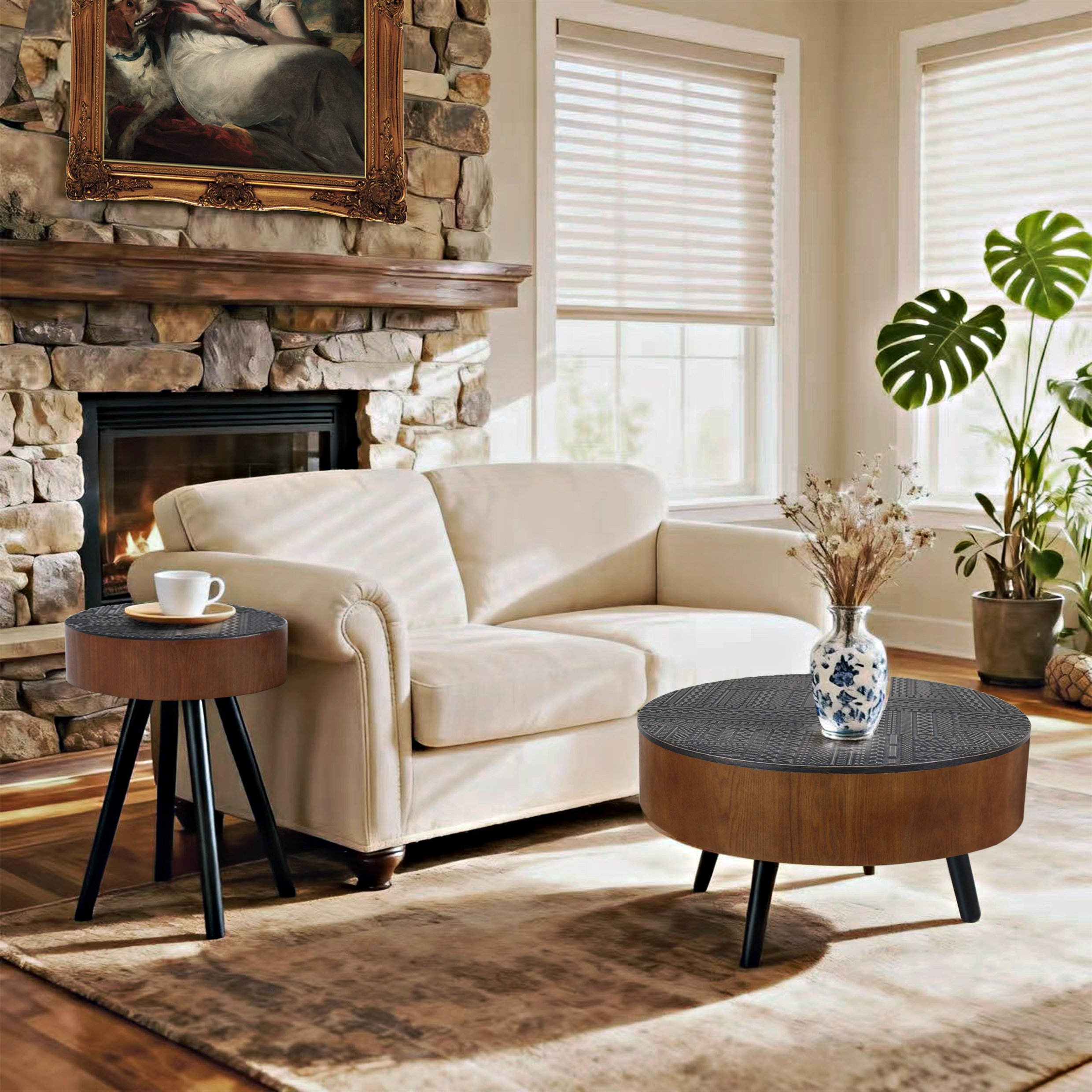 Black Round Storage Coffee Table - Nora Lane Home furniture - Solid wood - 34.45 x 9.65 x 34.65 in