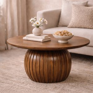 Brown Textured Round Coffee Table - Nora Lane Home furniture - Solid wood - 35 x 35 x 20 in