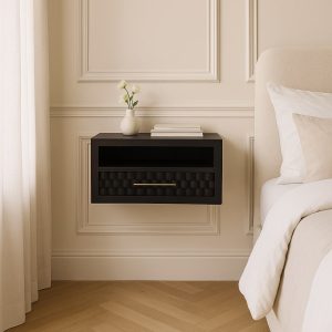 Black Solid Wood Storage Floating Nightstand - Nora Lane Home furniture - Solid wood, Upholstered - 16.5 x 21.7 x 13.8 in