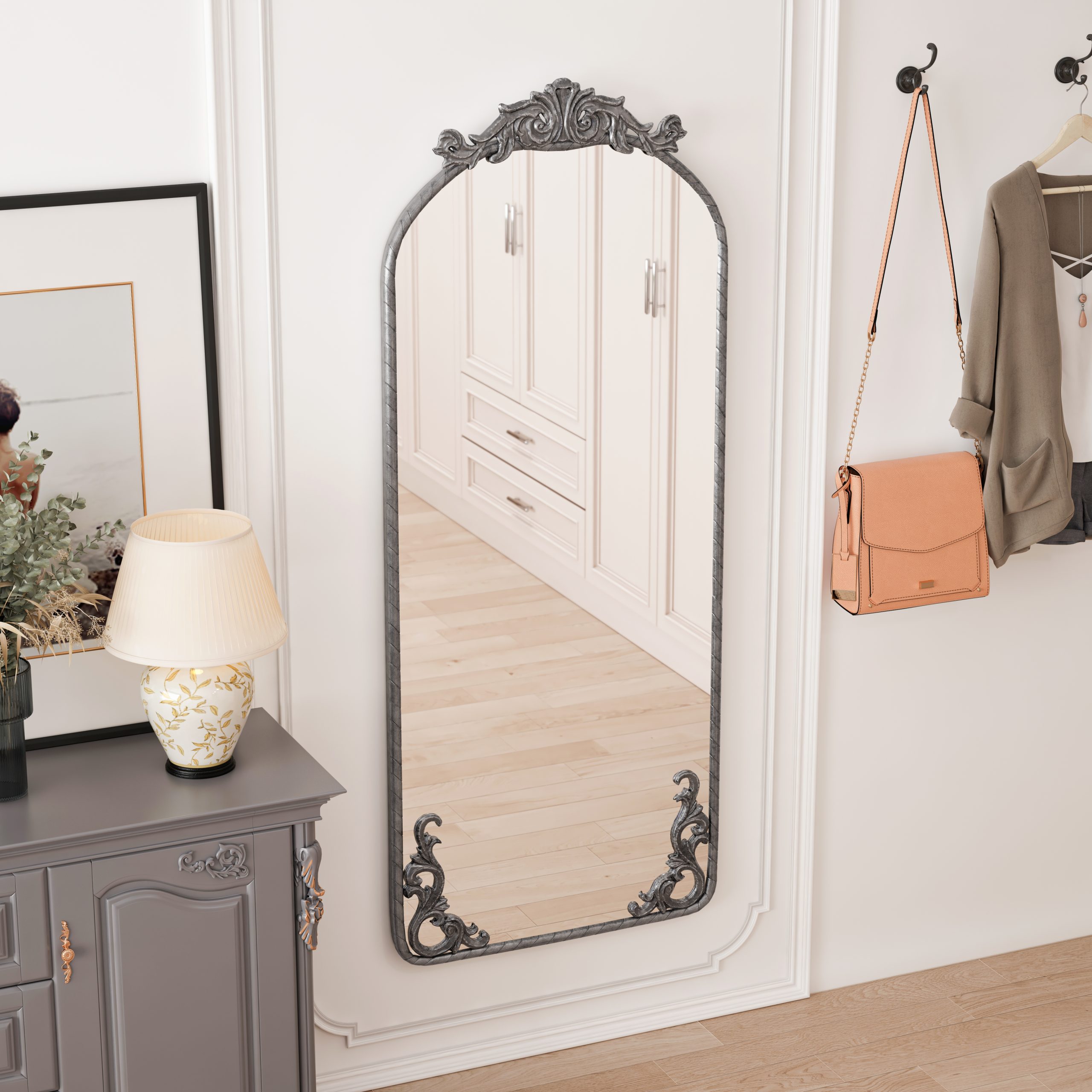 Antique Silver Wall Mirror - Nora Lane Home furniture - Metal accent, Glass detail - 62.8 x 27.36 x 3.54 in