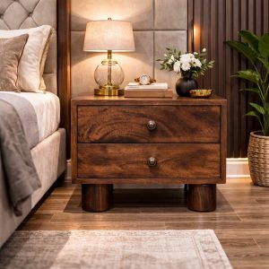 Walnut Storage Nightstand - Nora Lane Home furniture - Solid wood, Walnut finish - 21.65 x 17.72 x 15.75 in