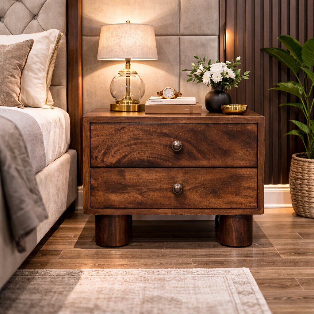 Walnut Storage Nightstand - Nora Lane Home furniture - Solid wood, Walnut finish - 21.65 x 17.72 x 15.75 in