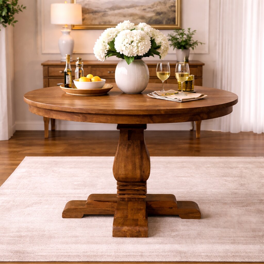 Beige Solid Wood Round Dining Table - Nora Lane Home furniture - Solid wood - 47.24 x 47.24 x 17.72 in