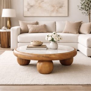 Brown Round Coffee Table - Nora Lane Home furniture - Solid wood, Marble detail - 35.43 x 35.43 x 13.39 in