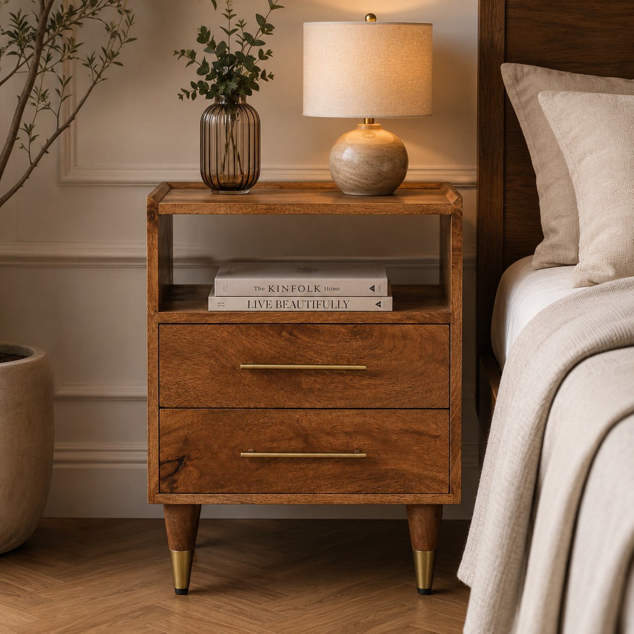 Brown Storage Nightstand - Nora Lane Home furniture - Solid wood - 21.65 x 17.72 x 21.65 in