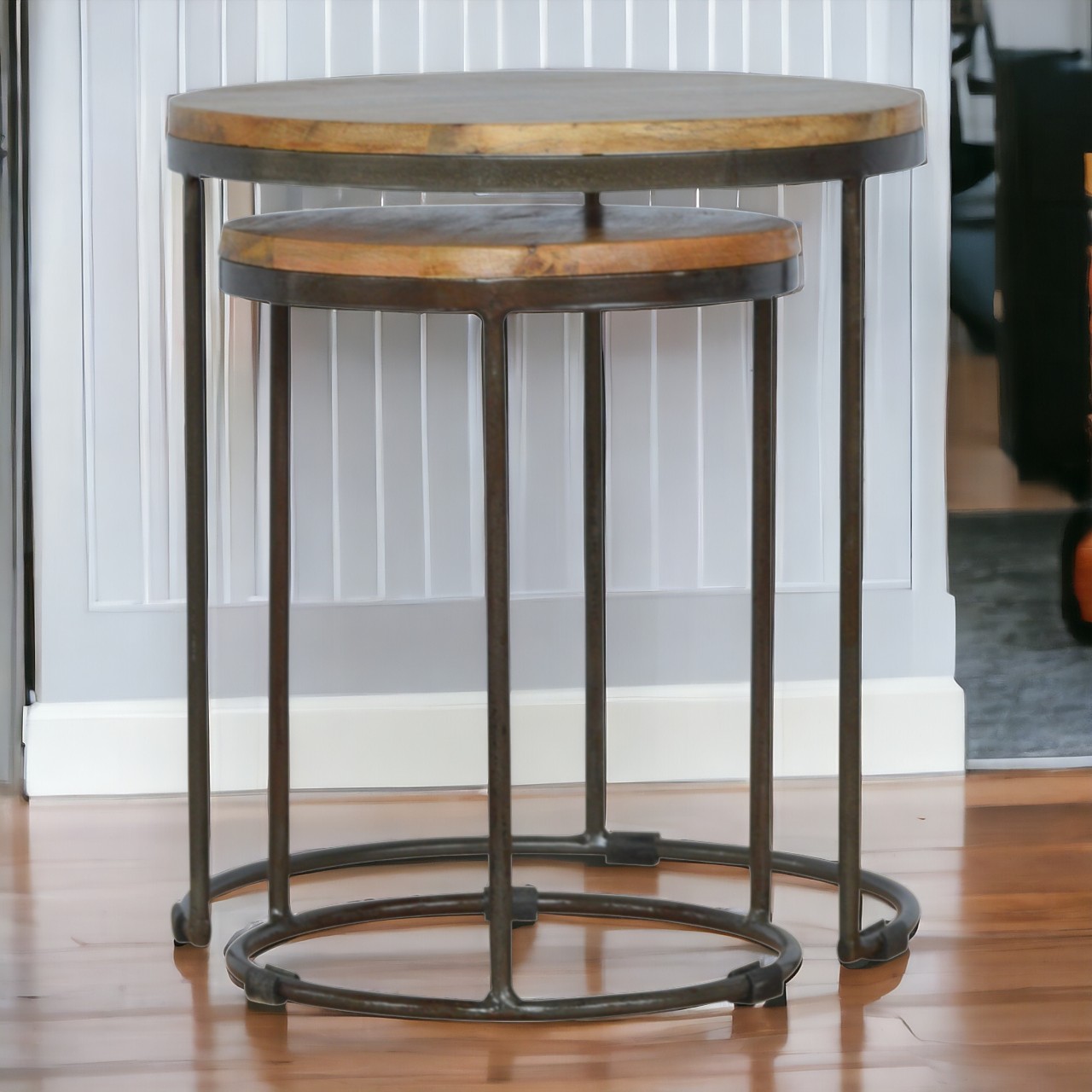 Black Solid Wood Set of 2 Round Storage Bench - Nora Lane Home furniture - Solid wood, Metal accent - 17.72 x 17.72 x 1.97 in