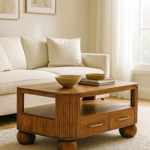 Beige Solid Wood Textured Storage Coffee Table - Nora Lane Home furniture - Solid wood - 25.6 x 37.4 x 20.9 in