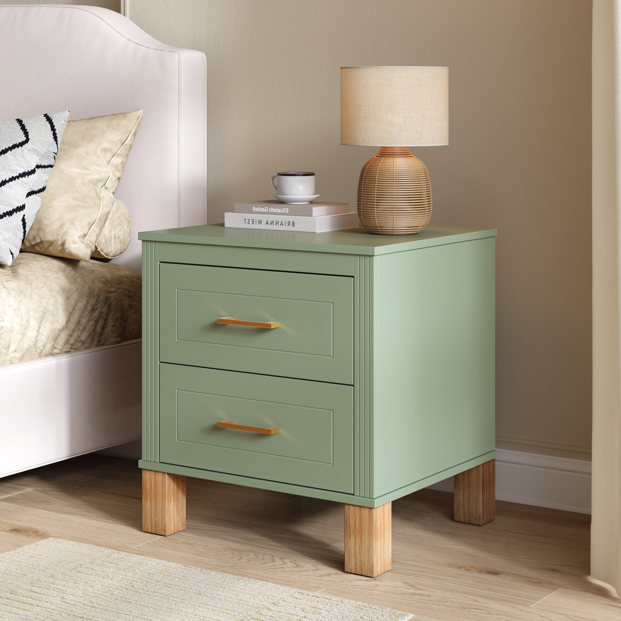 Green Solid Wood Textured Storage Nightstand - Nora Lane Home furniture - Solid wood, Metal accent - 25.19 x 20.86 x 8.66 in