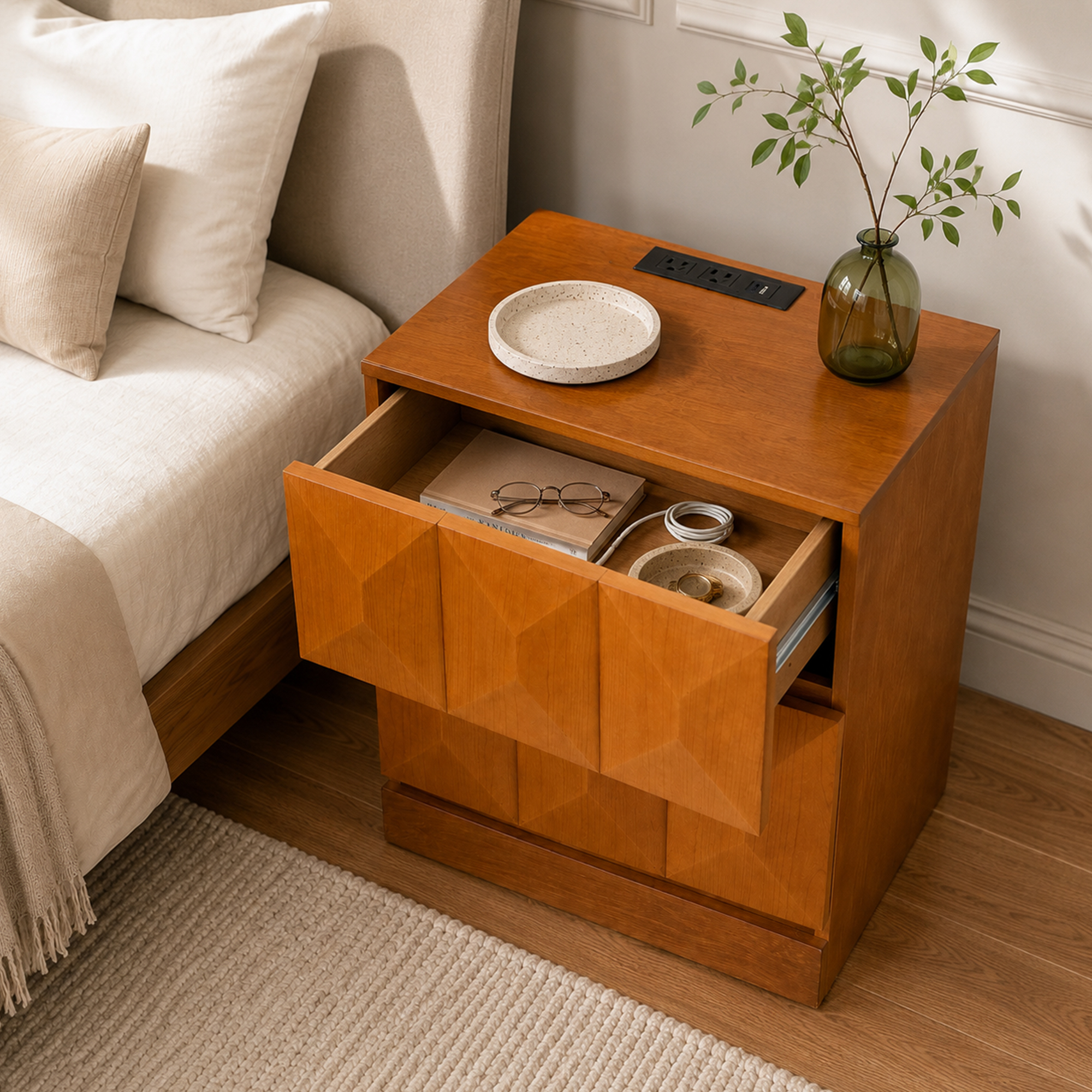 Natural Wood Storage Nightstand - Nora Lane Home furniture - Solid wood - 28 x 19.5 x 9.75 in