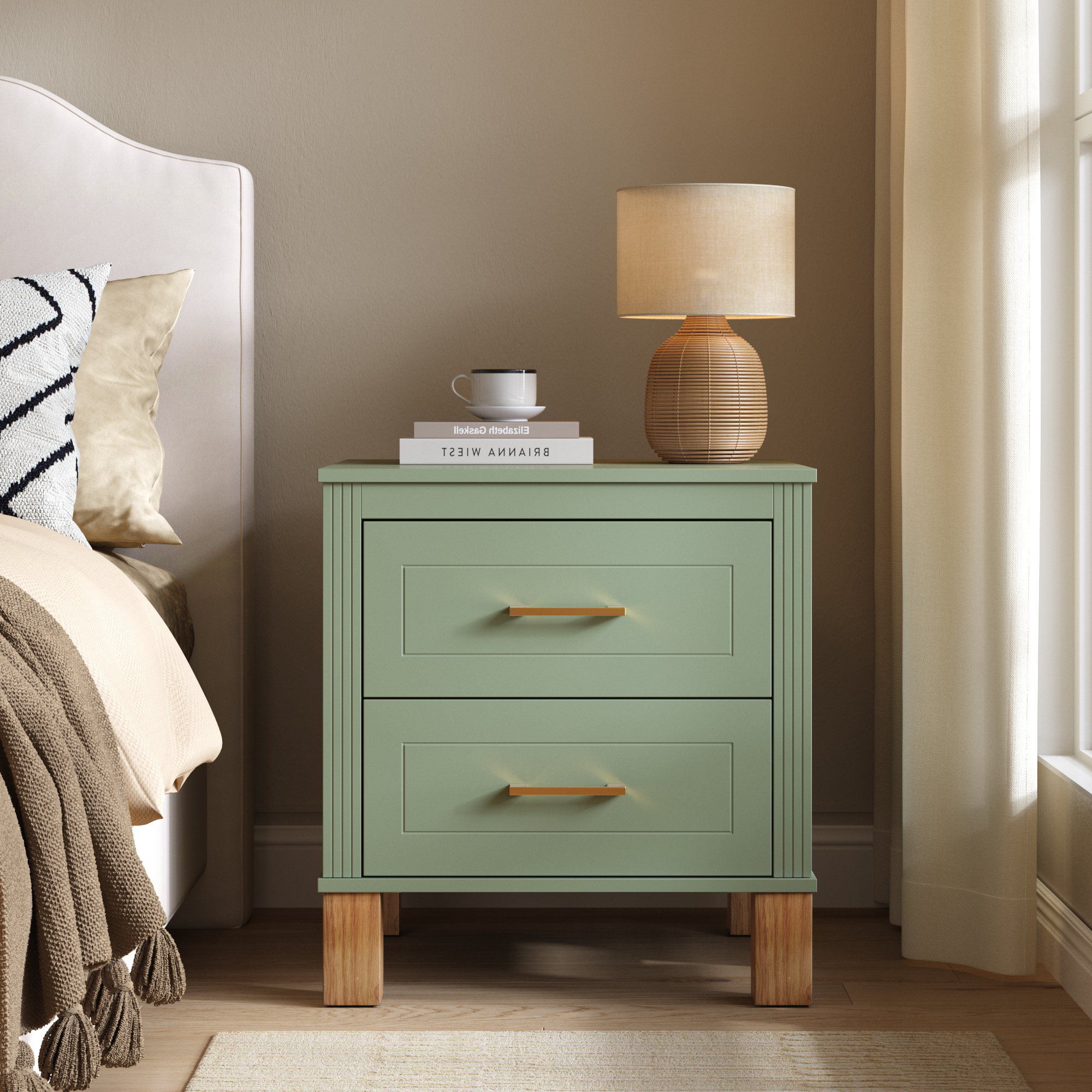 Green Solid Wood Textured Storage Nightstand - Nora Lane Home furniture - Solid wood, Metal accent - 25.19 x 20.86 x 8.66 in