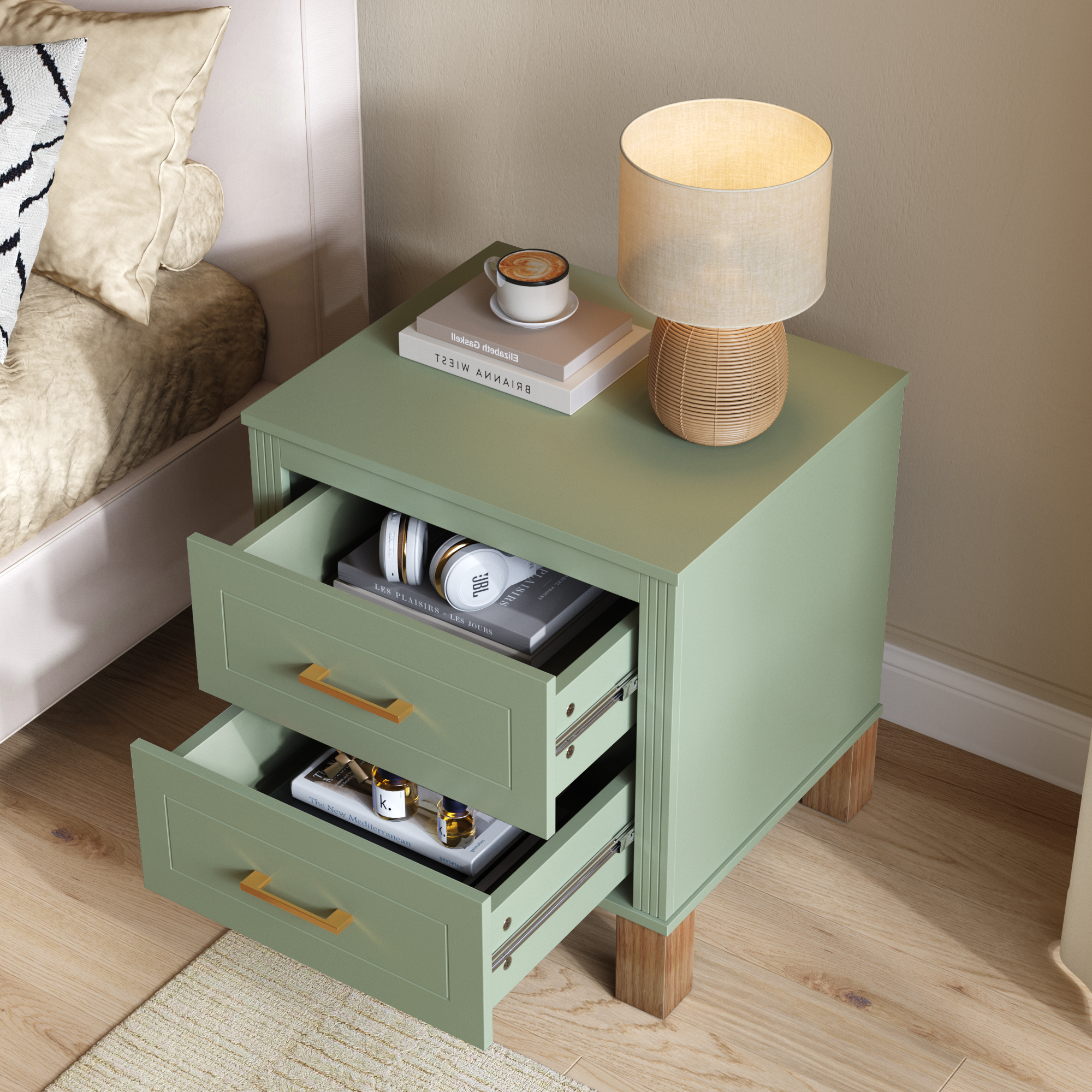 Green Solid Wood Textured Storage Nightstand - Nora Lane Home furniture - Solid wood, Metal accent - 25.19 x 20.86 x 8.66 in